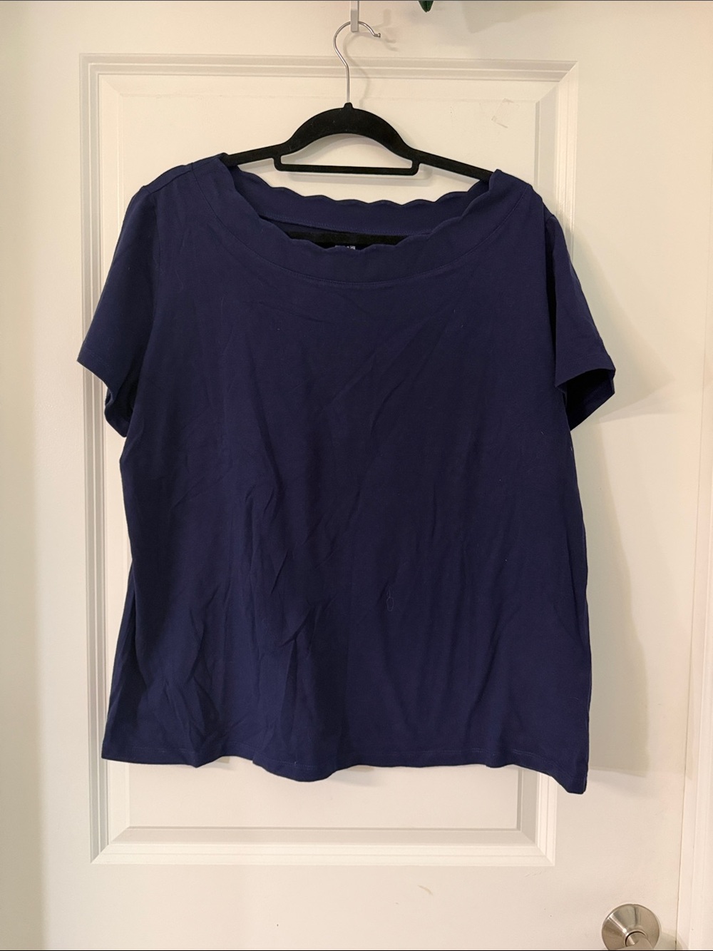 Anne Klein Navy Scallop Neck Short Sleeve Top